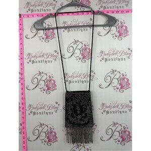 Black bag Beaded Fringe Evening Bag embroidered bag long strap